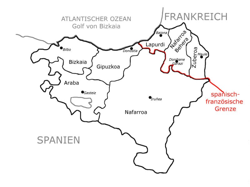Vier baskische Provinzen sind unter spanischer, drei unter französischer Verwaltung. Die drei baskischen Provinzen Bizkaia, Gipuzkoa und Araba bilden die Autonome Gemeinschaft Baskenland. Nafarroa (Navarra) hat eine separate Verwaltungsstruktur.  